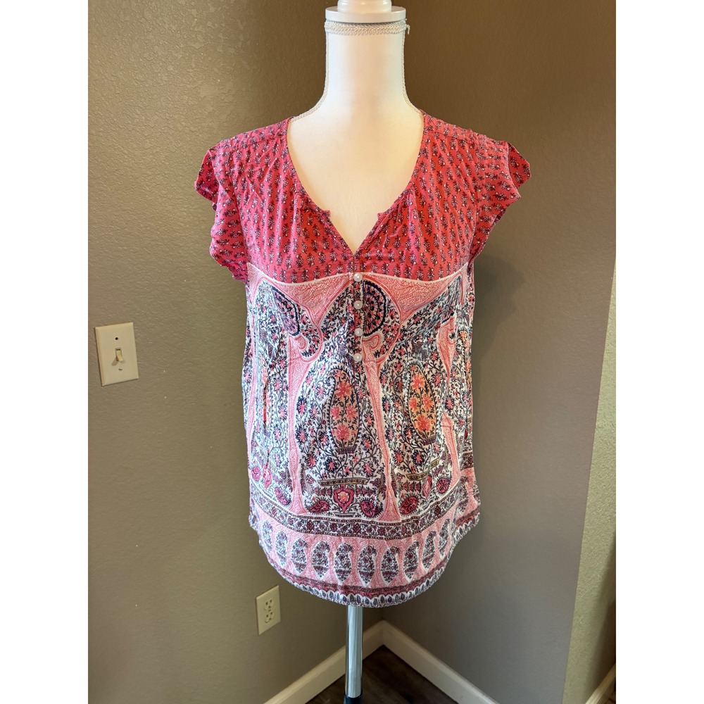 Liz Claiborne Womens Medium Pink Paisley Floral Boho Rayon Cap Sleeve Blouse Top